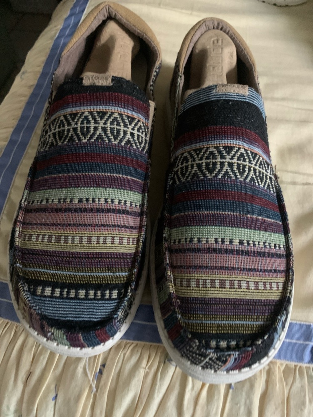Hey Dude Tan and Navy Striped Slip-On Sneakers